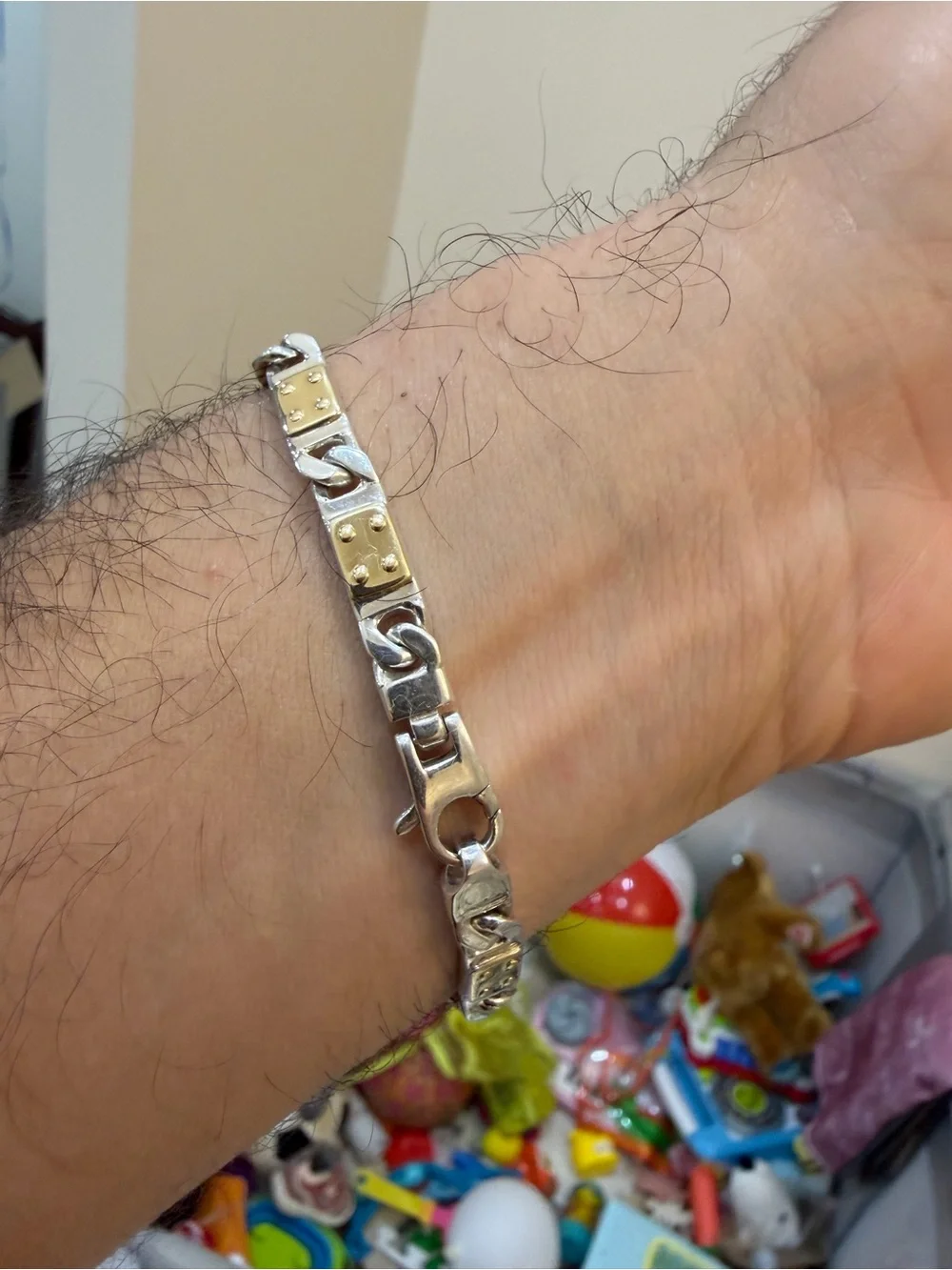 Italian Mens Sterling Silver Solid 18K Gold Link Bracelet 25.2g Heavy 925 750